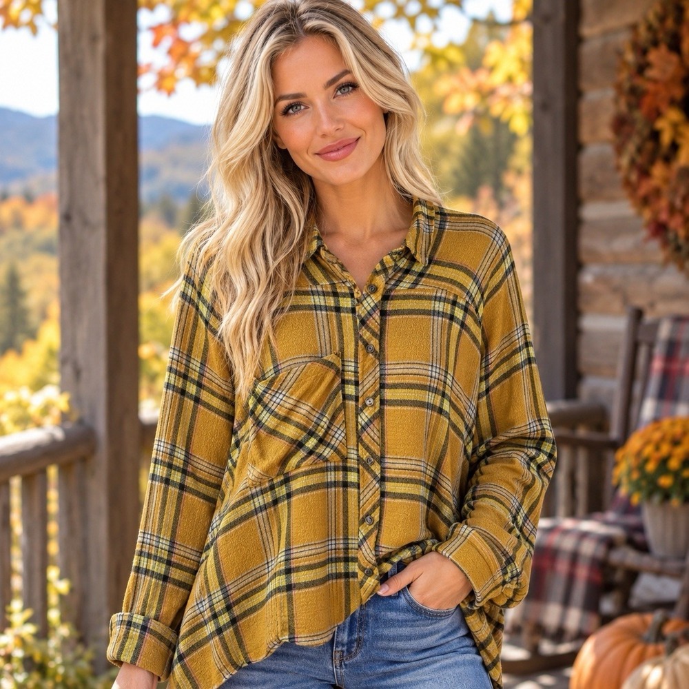 BDG Urban Outfitters Yellow Plaid Oversized Flannel Tunic Button Down Holiday L